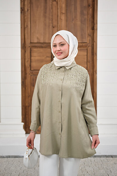 LOCCO Kadın Sıralı Boncuk İşlemeli Gömlek Yağ Yeşil