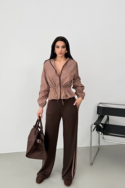 Serica Moda Set jachetă și pantaloni Camel model cu carouri gingham cu model ...