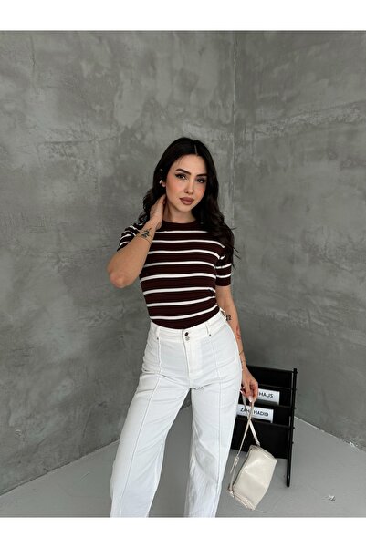 LA POMME Premium Yarn Soft Textured Striped Basic Crew Neck Knitwear Sweater ...