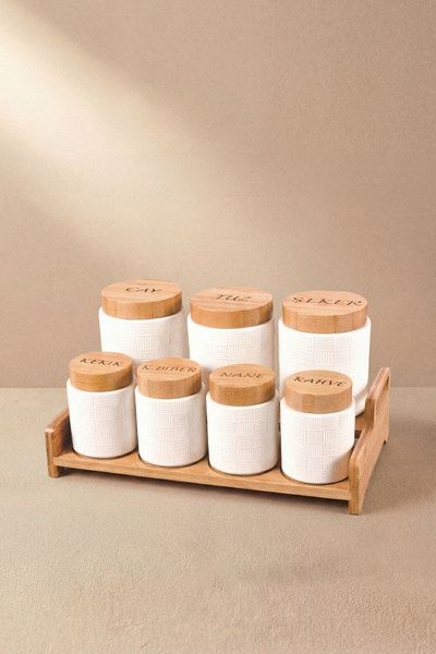 GÖNÜL Porselen 8 Parça Baharat Takımı – Bambu Kapaklı Baharatlık Seti, Bambu ...