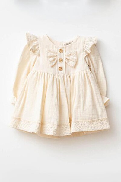 Minigimin Cicileri My Little One's Muslin Baby Girl Dress with Bow Ribbon Det...