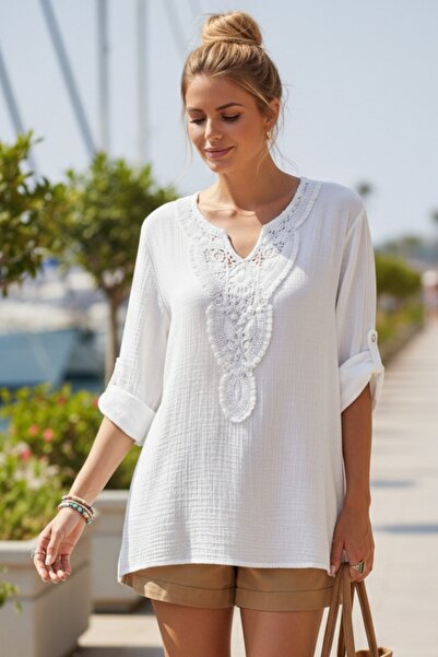 Chiccy White Lace Collar Buttoned 3/4 Sleeve Washable Casual Muslin Loose Wov...