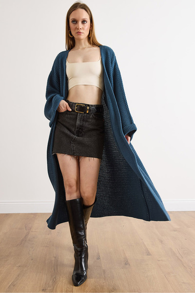 Olalook Women's Indigo Cuff Folded Maxi Knitwear Cardigan Hrk-19000297