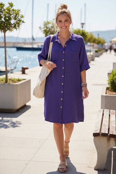 Chiccy Purple Shirt Collar Short Sleeve Buttoned Double Pockets Casual Muslin...