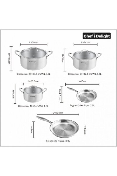 Danube Home Chef's Delight 8-Piece Hammered Tri-Ply Cookware Set - Durable St...