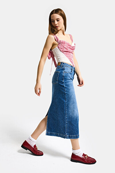 it's basic Fusta de damă albastră 2s6-4 Maxi Comfort Fabric Back cu fantă denim