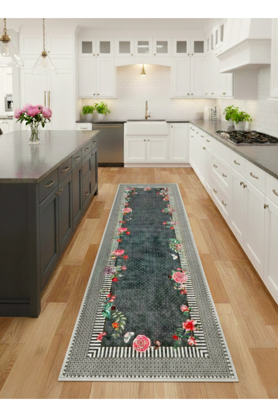 Brillant Çiçek Desenli Koyu Gri Renk Lateks Deri Taban Mutfak Halısı