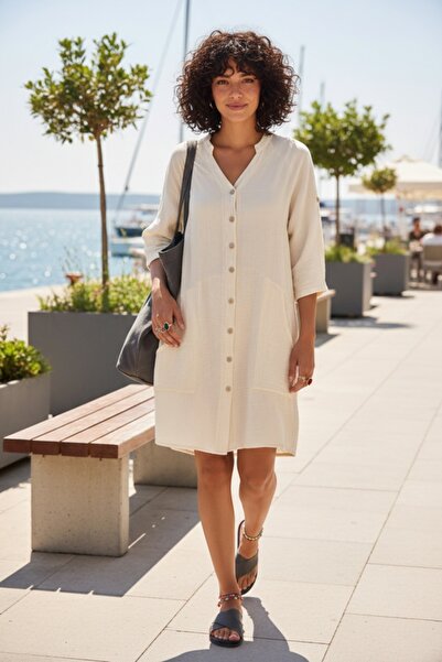 Chiccy Beige High Collar Buttoned 3/4 Sleeve Kangaroo Pocket Casual Muslin Lo...