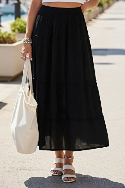 Chiccy Black Skirt with Ruffles and Embroidery, Elastic Waist, Casual Muslin ...