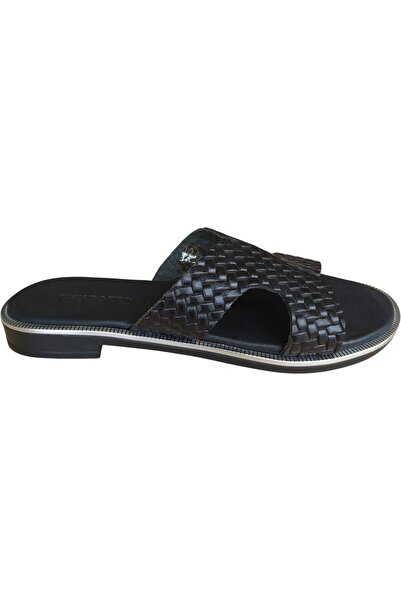 Bulldozer Women's Black Straw Patterned Leather Slippers