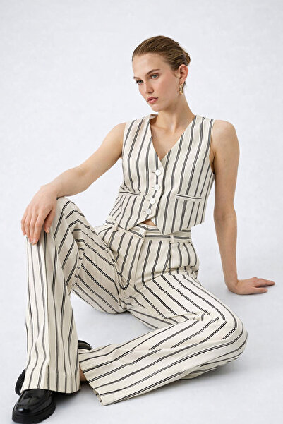 HAKKE Kadın Yüksek Bel Çizgili Keten Pantolon ve Yelek Takım