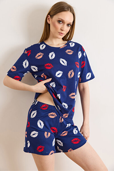 Olalook Women's Lip Navy Blue 100% Cotton Shorts Pajama Set Pjm-00000027