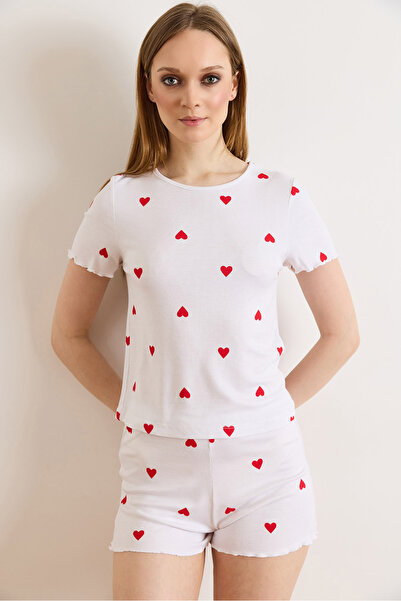 Olalook Women's White Heart Viscose Shorts Pajama Set Pjm-00000029