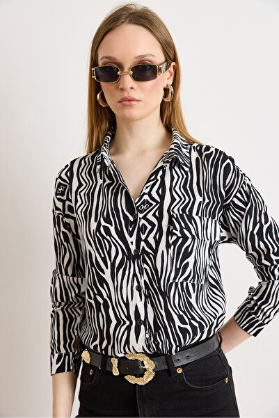 Olalook Cămașă de damă Zebra Black Single cu buzunare țesut Viscon GML-19000890