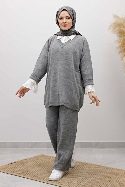 Tesettür Dünyası V-Neck Knitwear Set Tsd260117 Gray