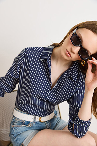 Olalook Women's Navy Blue Striped Draped Woven Shirt Gml-19001427