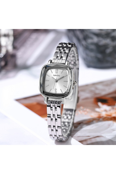 NAIDU Ladies Fashion Watch Cushion Case Pink Dial Silver Strap Minimalist Tim...