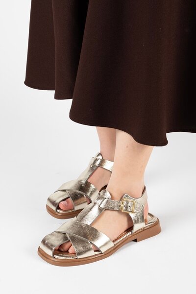 VİVENS MODA Genuine Leather Women's Gold Color Cross-Strap Sandals