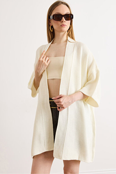 Olalook Women's White Oversize Wide Fit Seasonal Knitwear Cardigan Hrk-19000482