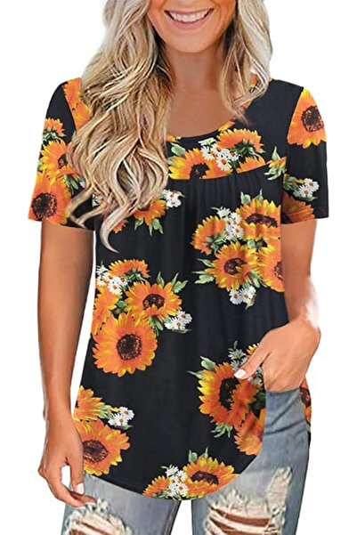 OEM Women's casual blouse, short sleeves, lace, black with flowers 3XL