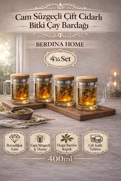 Berdina Home 4lü Borosilikat Cam Süzgeçli Bambu Kapaklı Kupa Kulplu Demlik Mo...