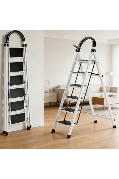 BESTONE سلم فولاذي قابل للطي بست درجات باللون الأبيض، مزود بدواسات عريضة مانع...