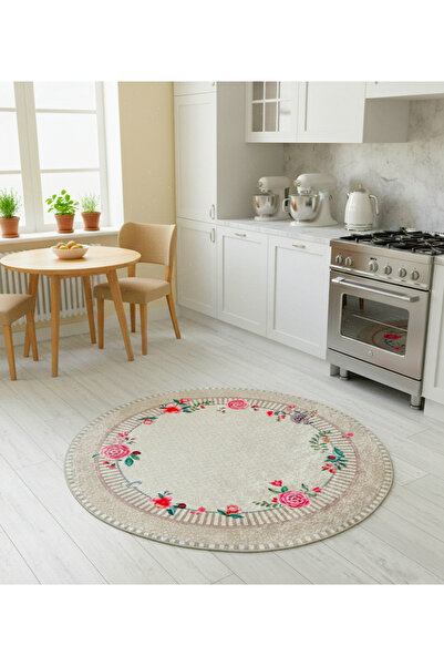Brillant Çiçek Desenli Bej Kaymaz Taban Daire Mutfak Antre Halısı