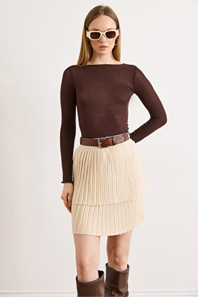 Olalook Women's Ecru Pleated Layer Mini Knit Skirt Etk-19000404