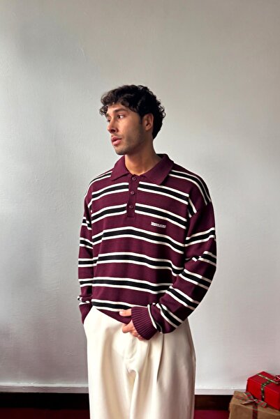 Flaw Wear Polo Neck Striped Sweater Burgundy