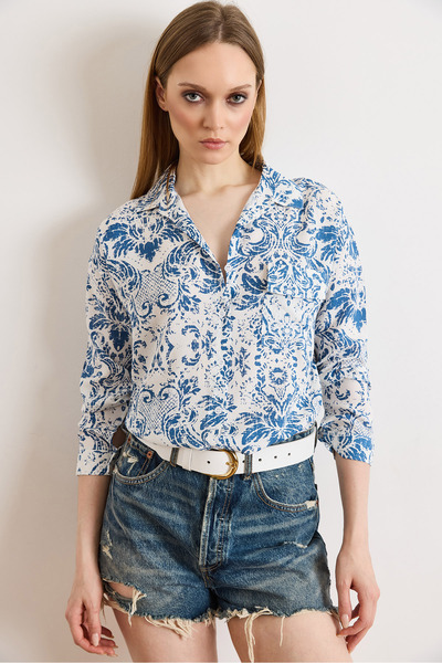 Olalook Cămașă de damă Boho Blue Single cu buzunare țesut Viscon GML-19000890