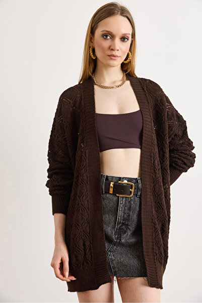 Olalook Women's Brown Geometric Patterned Long Seasonal Knitwear Cardigan Hrk...