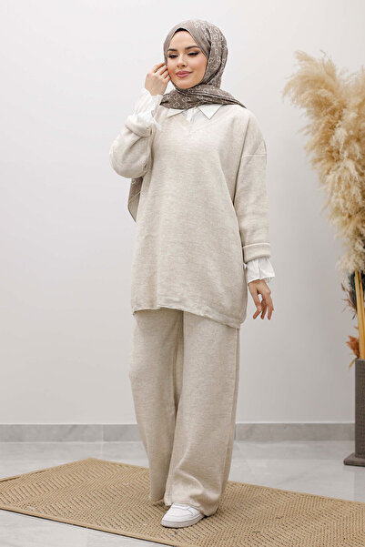Tesettür Dünyası V-Neck Knitwear Set Tsd260117 Beige