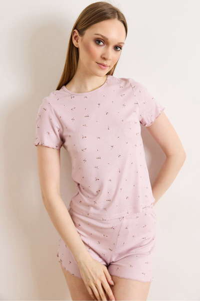 Olalook Women's Lilac Leaf Viscose Shorts Pajama Set Pjm-00000029