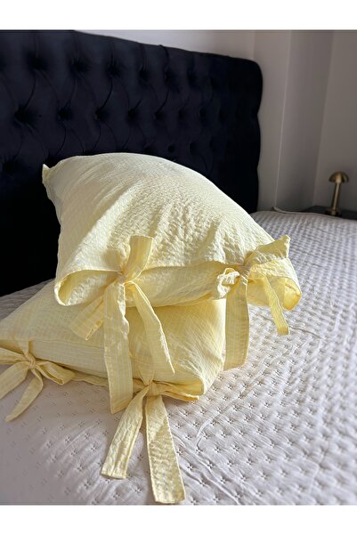 ToffyStore 2-Piece Gofre Kumwş Yellow Tie-Up Pillowcase Set