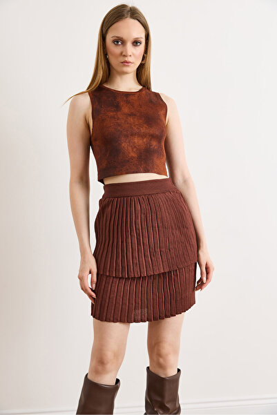 Olalook Women's Brown Pleated Layer Mini Knit Skirt Etk-19000404