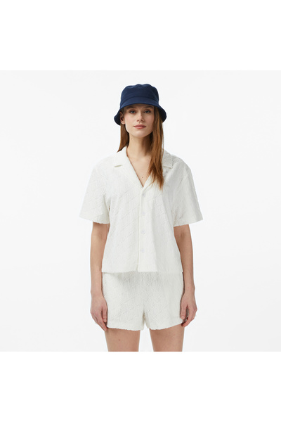Lacoste Kadın Regular Fit Kısa Kollu Monogram Beyaz Gömlek