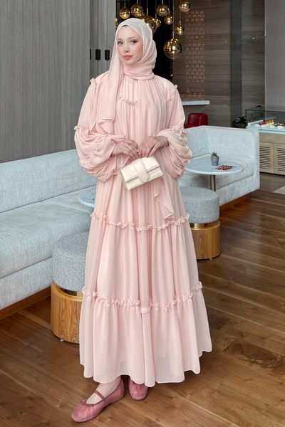 Salih Çelebi Chiffon Ruffle Dress Y0063 - Pudra