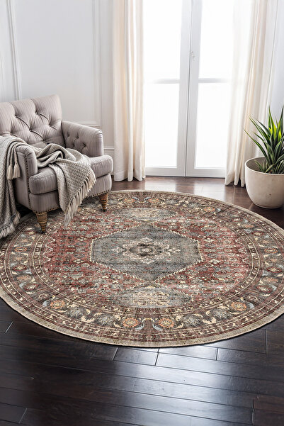 BigArts Home Eskitme Desenli Bordo Gri Salon Mutfak Halısı Yuvarlak Halı ve K...