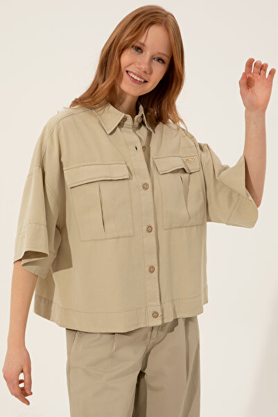 U.S. Polo Assn. Women's Stone Linen Look Long Sleeve Shirt 50246377-Vr049