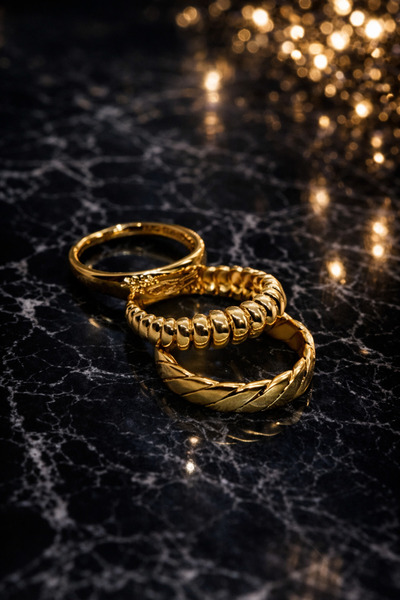 Trenddora Altın Renk 3’lü Yüzük Seti – Örgü ve Boncuk Detaylı Kombin Yüzük