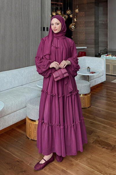 Salih Çelebi Chiffon Ruffle Dress Y0063 - Mürdüm