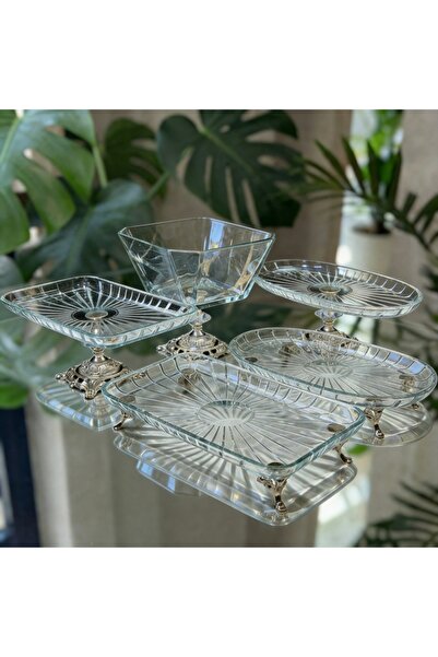 Elta Collection طقم تقديم كريستال فضي عتيق الطراز مكون من 5 قطع - وعاء، طبق ب...