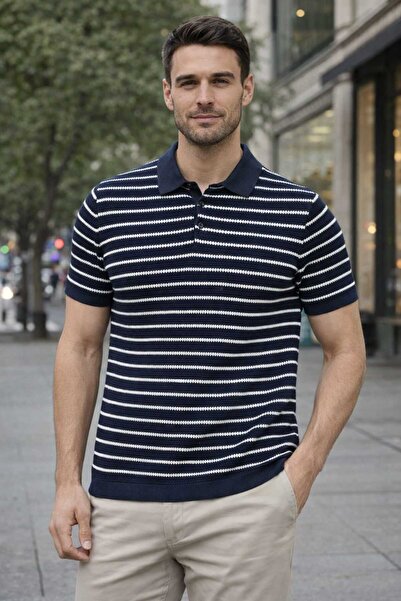 ALEXANDERGARDI Navy Blue Polo Collar Striped Men's Knitwear T-Shirt