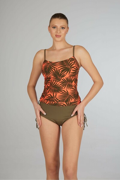 Estiva Kadın Tropikal Yaprak Desenli Haki Emprime Şortlu İnce Askılı Tankini