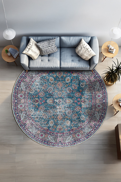 BigArts Home Bohem Turkuaz Salon Mutfak Kilim Yolluk ve Yuvarlak Kaymaz Taban...