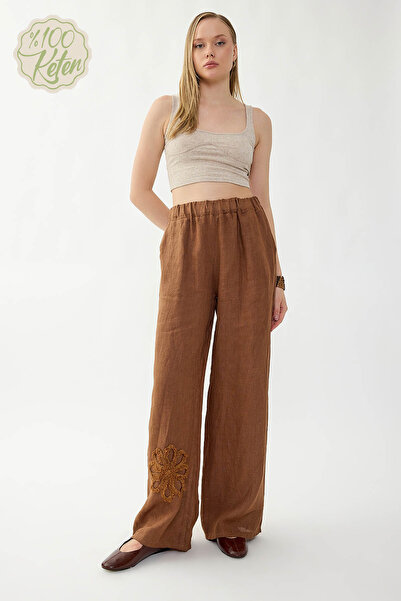 Vitrin 100% Linen Elastic Waist Floral Motif Pocket Trousers