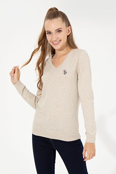 U.S. Polo Assn. Women's Stone Melange Basic V-Neck Knitwear Sweater 50251903-...