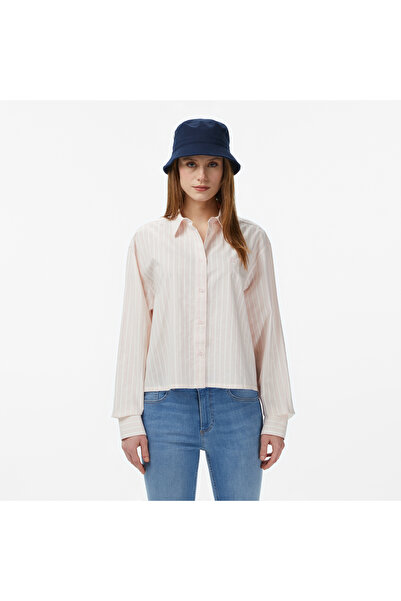 Lacoste Kadın Relaxed Fit Düğmeli Yaka Çizgili Açık Pembe Gömlek