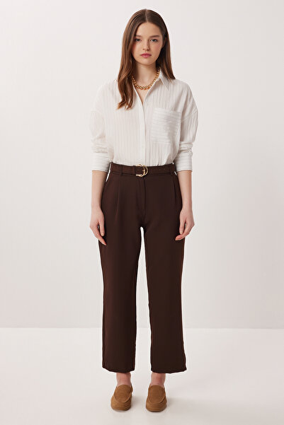 Lovelyİstanbul talie înaltă țesut Pantaloni LZV0058 MARO