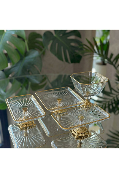 Elta Collection طقم تقديم وتقديم كريستال ذهبي أنيق مكون من 4 قطع